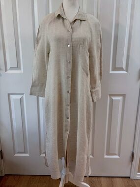 Zara Oatmeal Color 100% Linen Button Up Dress Size S
